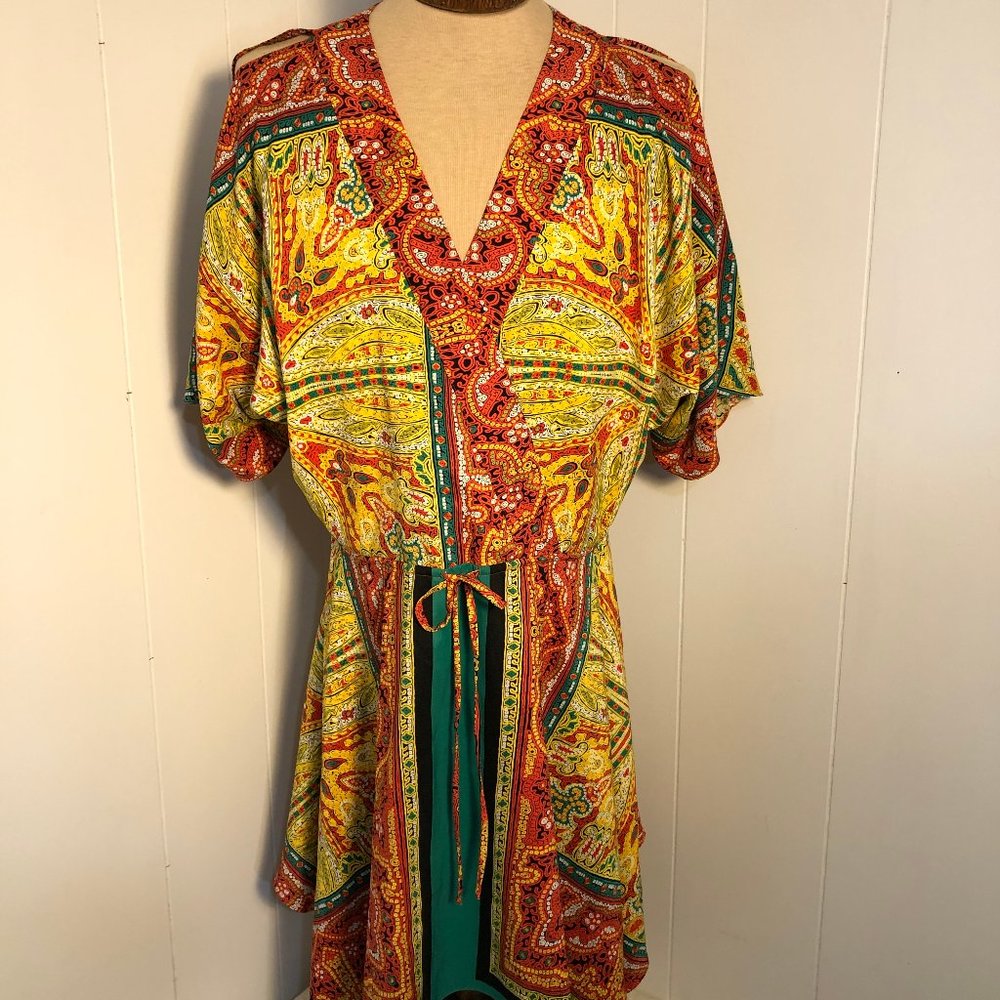 NineWest BeautifulOrange/yellow/greensatin dressSingleMom BreastCancerFundraiser